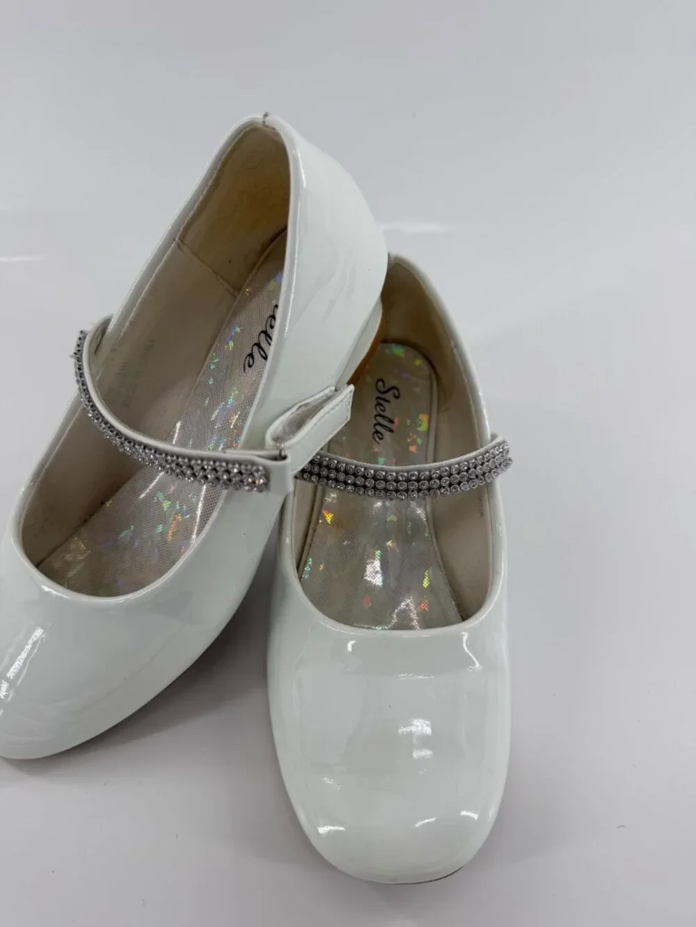 Stelle Girls White Mary Jane Dress Shoes Rhinestone Buckle Strap Flat Size 1